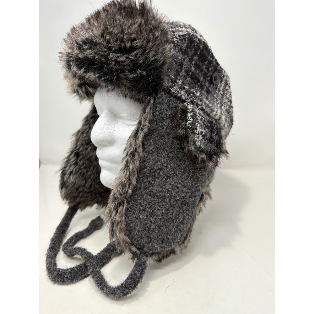 Woolrich‎ Trapper Hat Men's Large Grey Plaid Faux Fur Lined Winter Ushanka